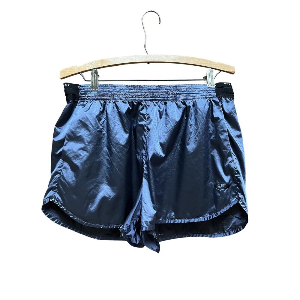 Oakley Womens Nylon Track Running Shorts Shiny Blue Sheer Back Waistband Large